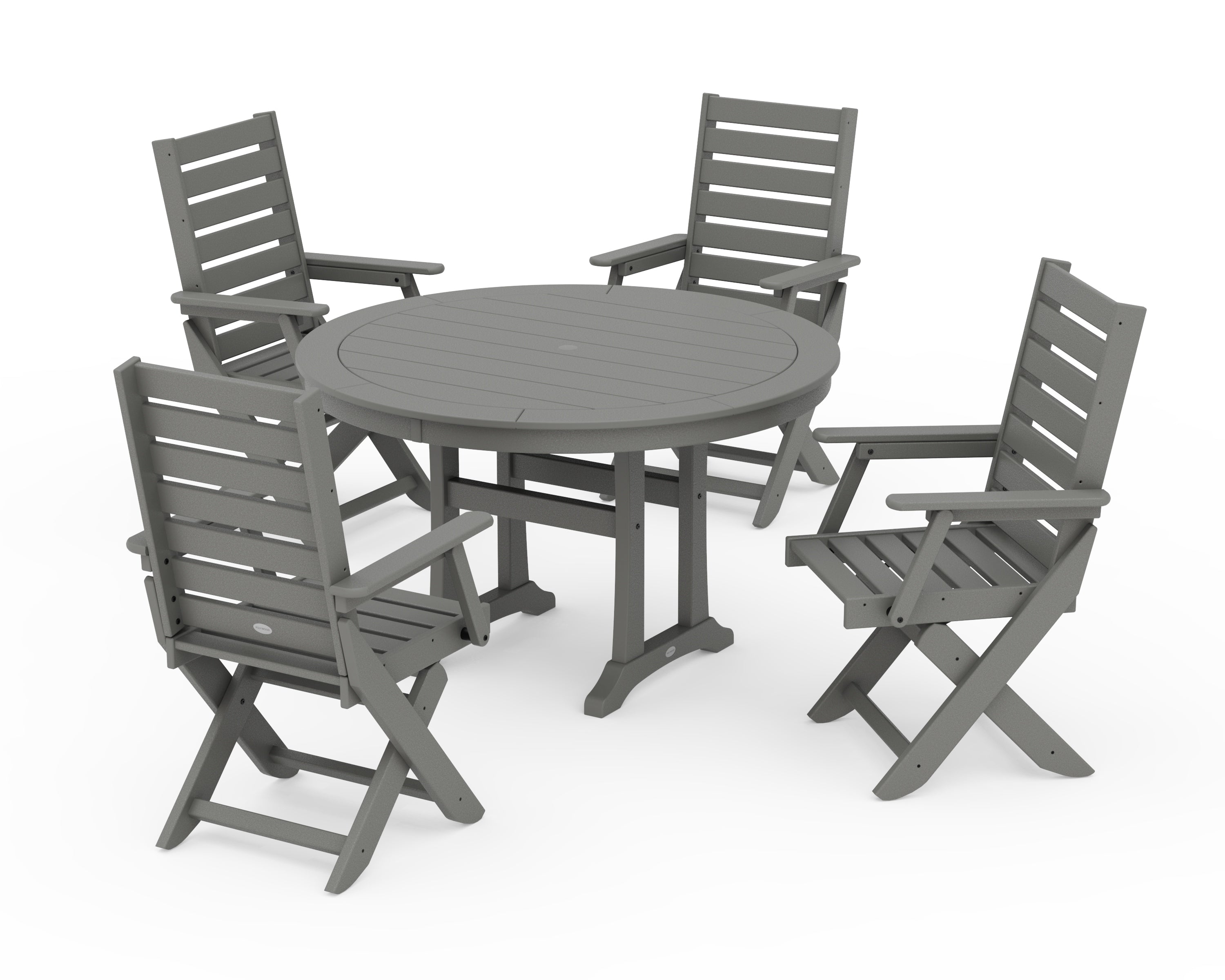 POLYWOOD® Captain Folding Chair 5-Piece Round Dining Set with Trestle Legs in Slate Grey