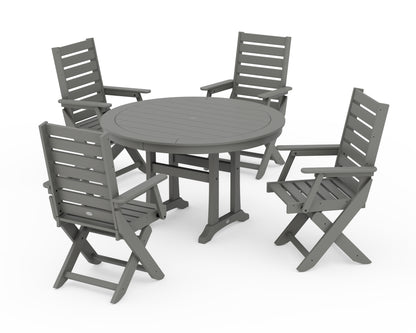 POLYWOOD® Captain Folding Chair 5-Piece Round Dining Set with Trestle Legs in Slate Grey