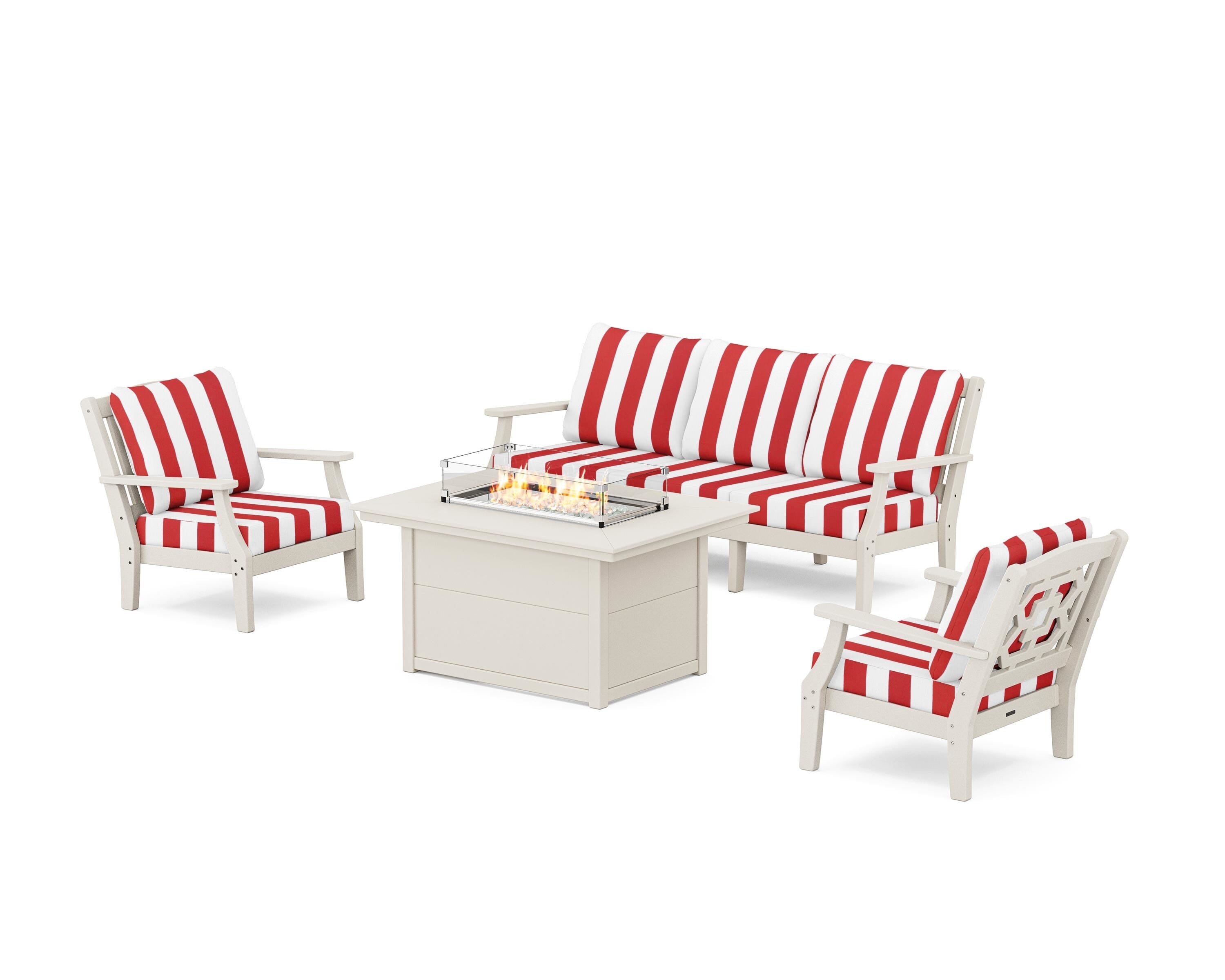 Martha Stewart by POLYWOOD® Chinoiserie Deep Seating Fire Pit Table Set in Sand / Cabana Stripe Crimson