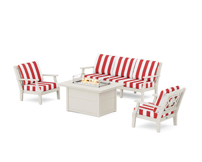 Martha Stewart by POLYWOOD® Chinoiserie Deep Seating Fire Pit Table Set in Sand / Cabana Stripe Crimson