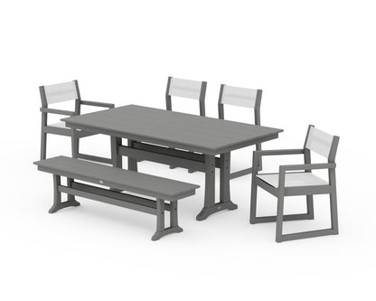 POLYWOOD® EDGE Sling 6-Piece Farmhouse Dining Set With Trestle Legs in Slate Grey / White Sling