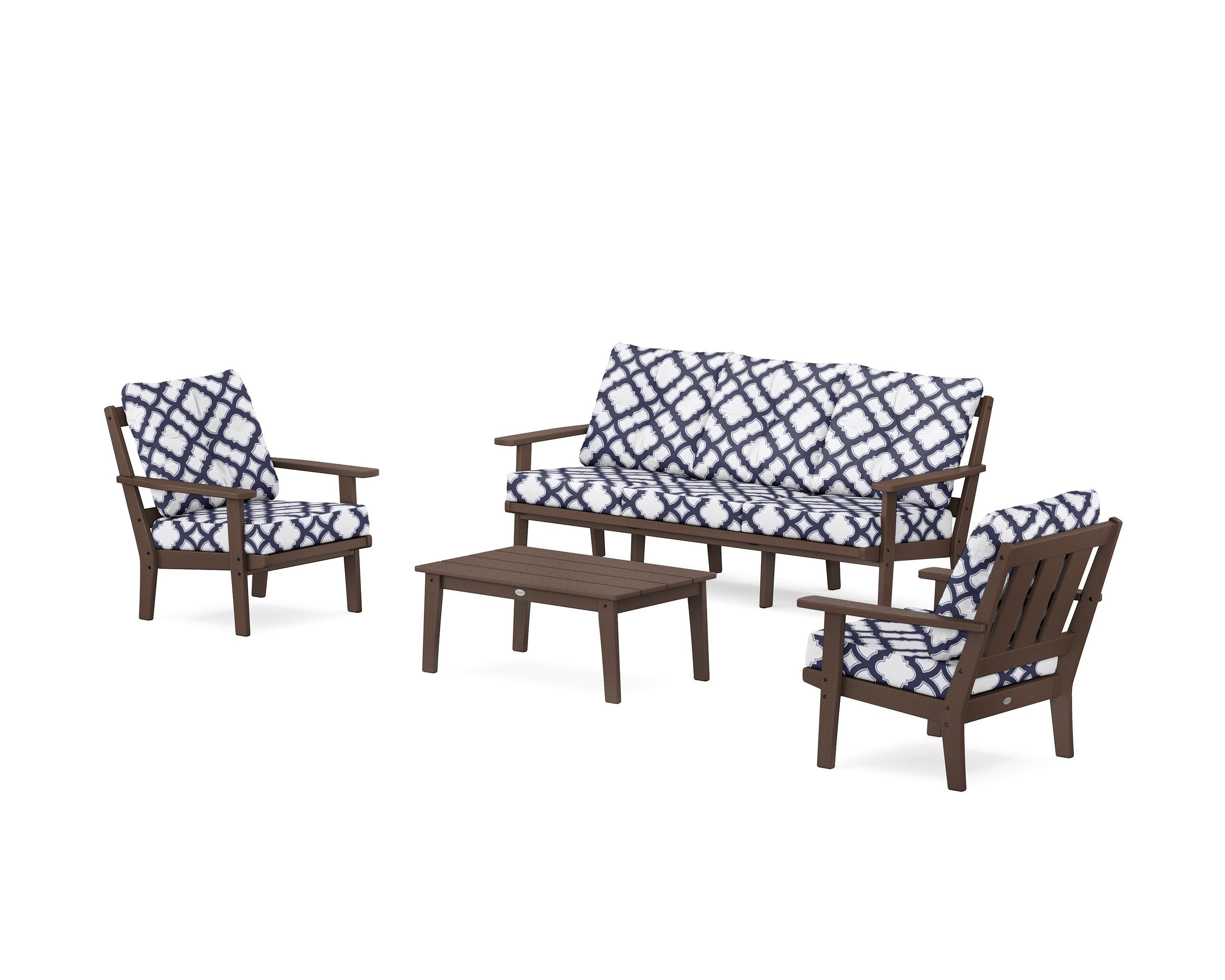 POLYWOOD® Oxford 4-Piece Deep Seating Set with Sofa in Mahogany / Trellis Navy