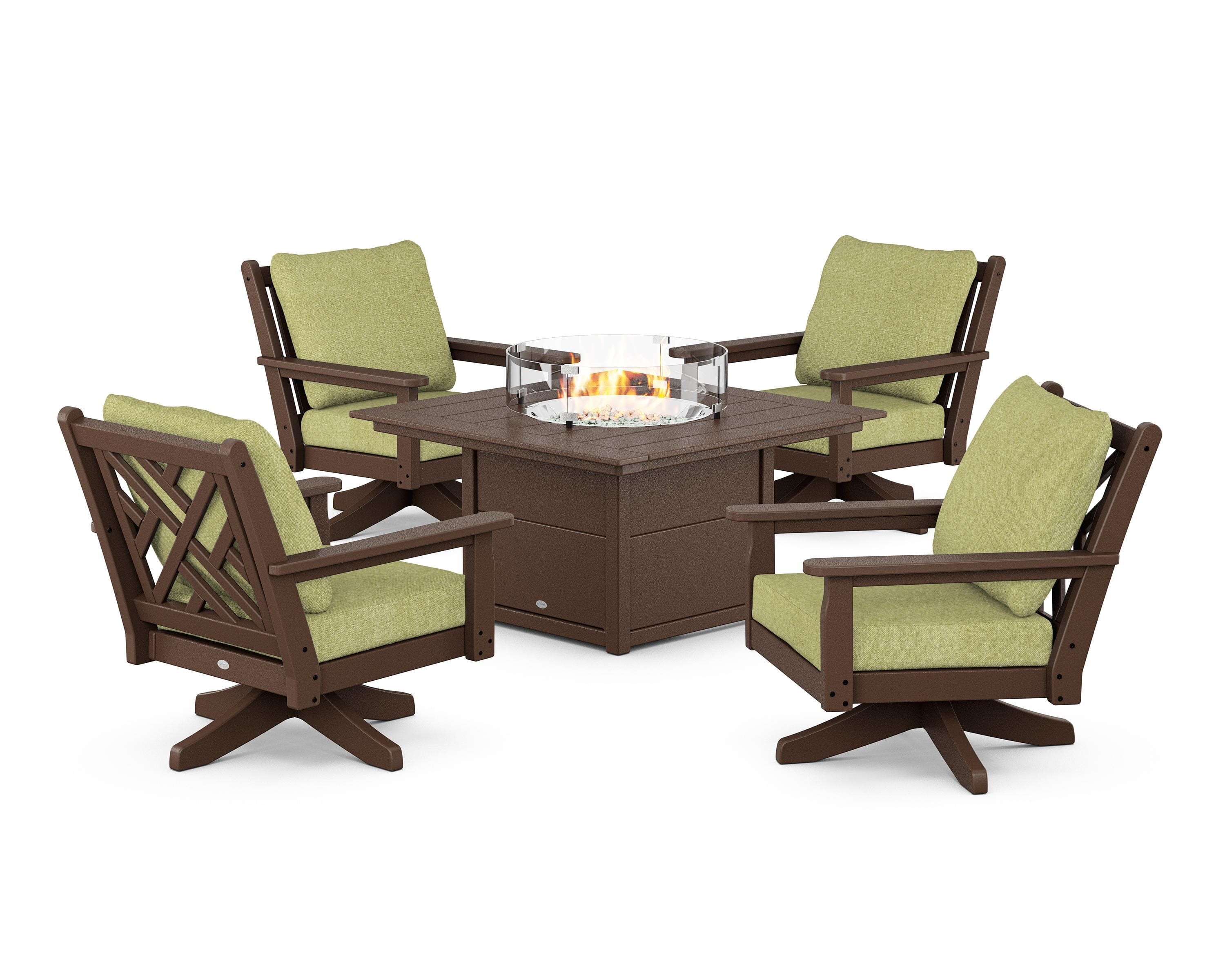 POLYWOOD® Chippendale 5-Piece Deep Seating Swivel Conversation Set with Fire Pit Table in Mahogany / Chartreuse Boucle