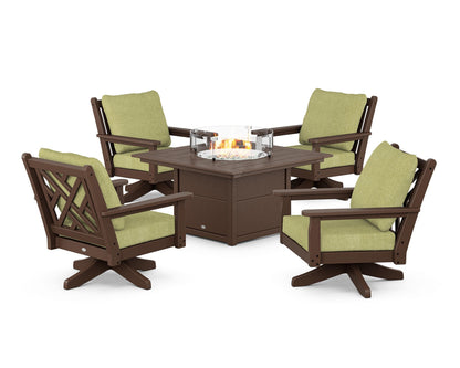 POLYWOOD® Chippendale 5-Piece Deep Seating Swivel Conversation Set with Fire Pit Table in Mahogany / Chartreuse Boucle