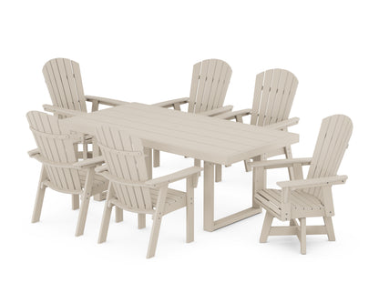 POLYWOOD® Nautical Curveback Adirondack Swivel Chair 7-Piece Dining Set in Sand