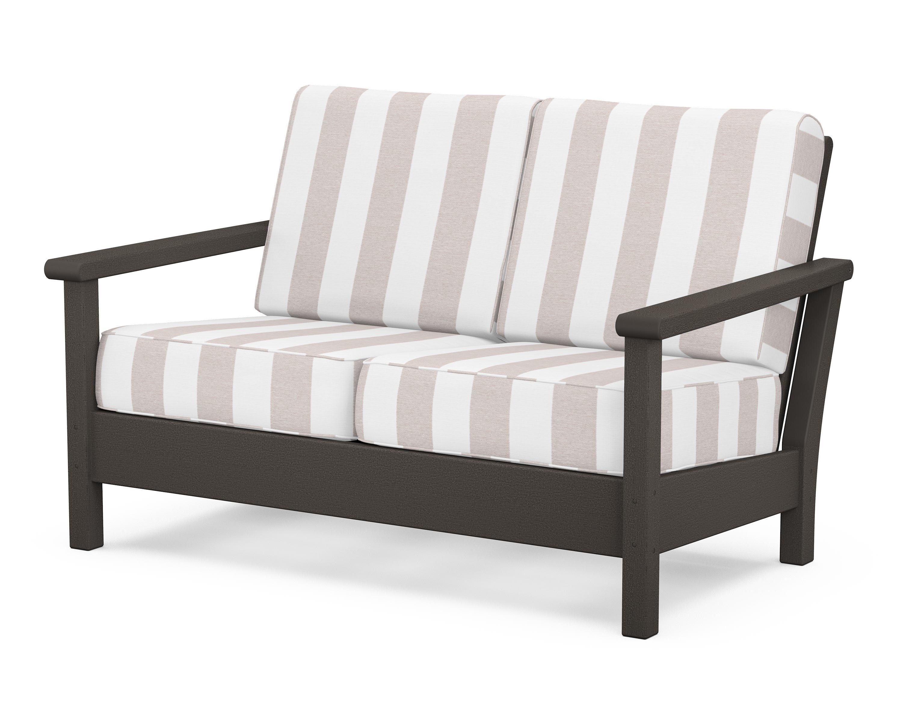 POLYWOOD® Harbour Deep Seating Loveseat in Vintage Coffee / Cabana Stripe Dune Burlap