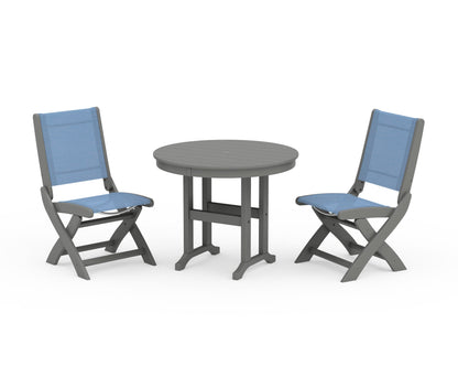 POLYWOOD® Coastal Folding Side Chair 3-Piece Round Dining Set in Slate Grey / Poolside Sling