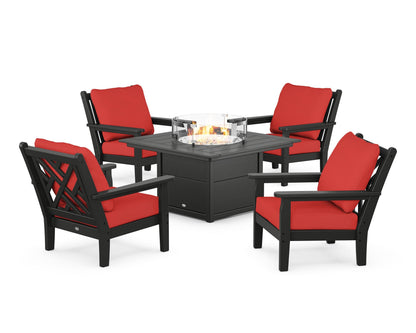 POLYWOOD® Chippendale 5-Piece Deep Seating Set with Fire Pit Table in Black / Crimson Linen