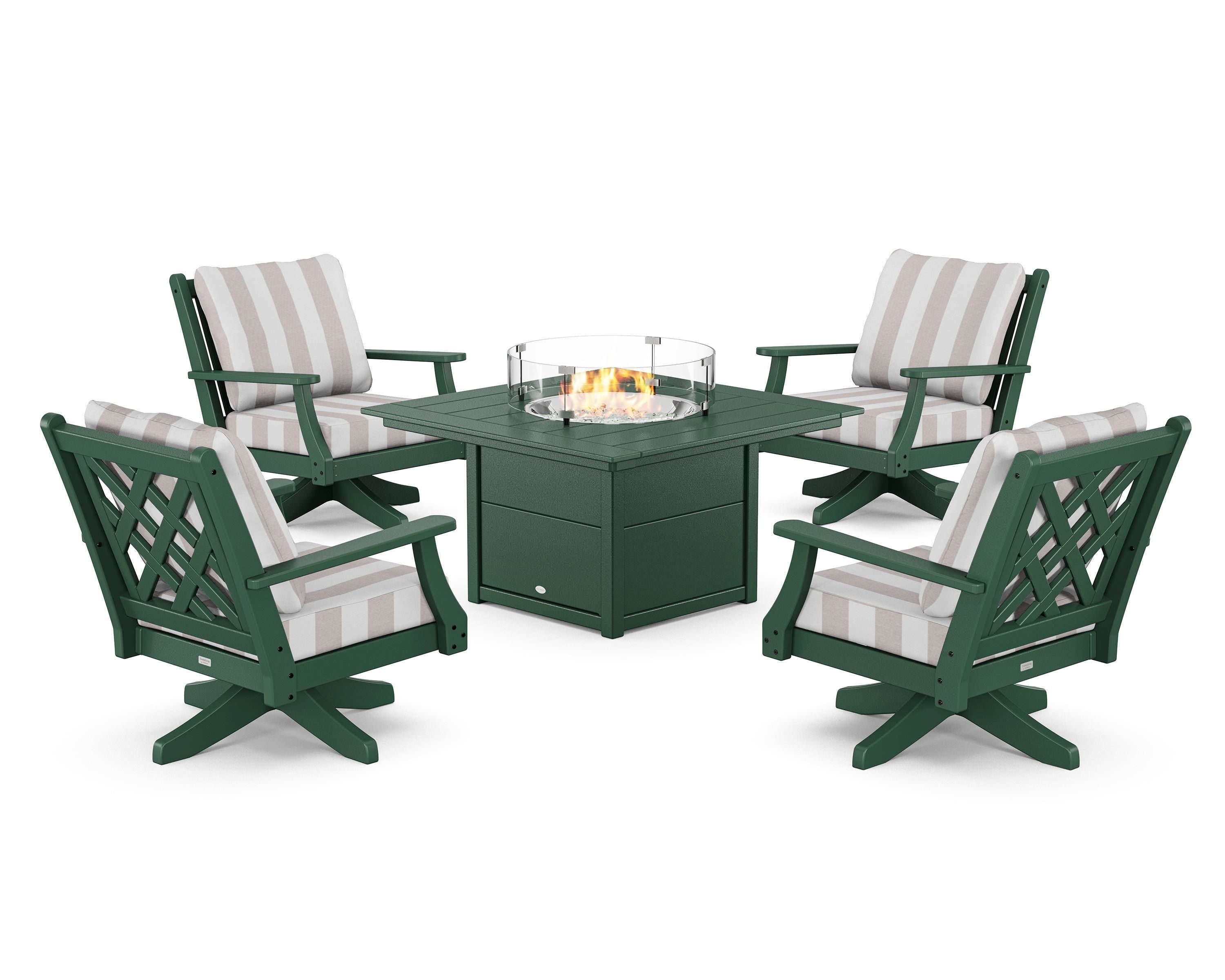 Country Living Wovendale 5-Piece Deep Seating Swivel Conversation Set with Fire Pit Table in Green / Cabana Stripe Dune Burlap