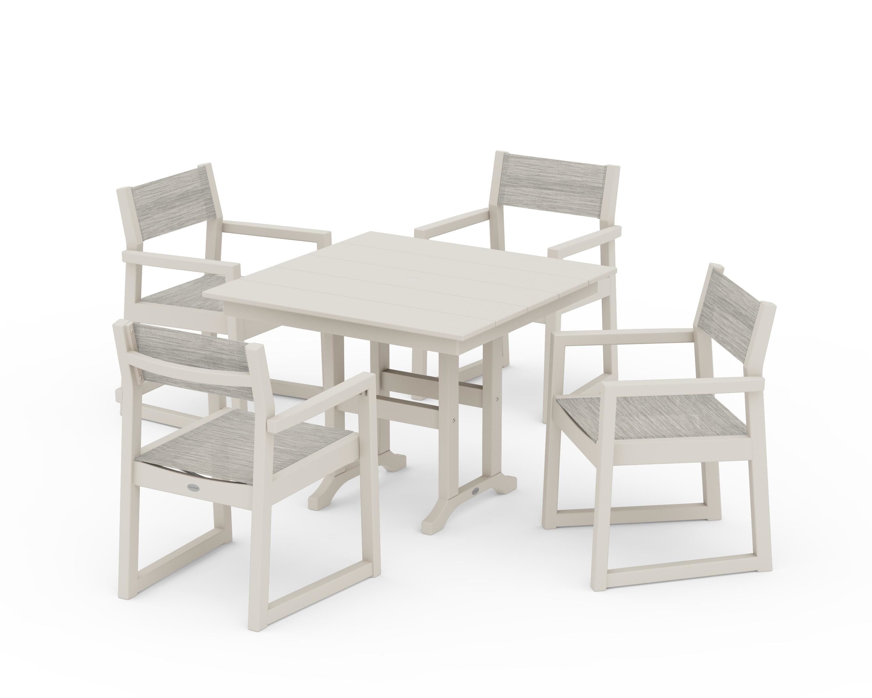 POLYWOOD® EDGE Sling Arm Chair 5-Piece Farmhouse Dining Set in Sand / Birch Sling