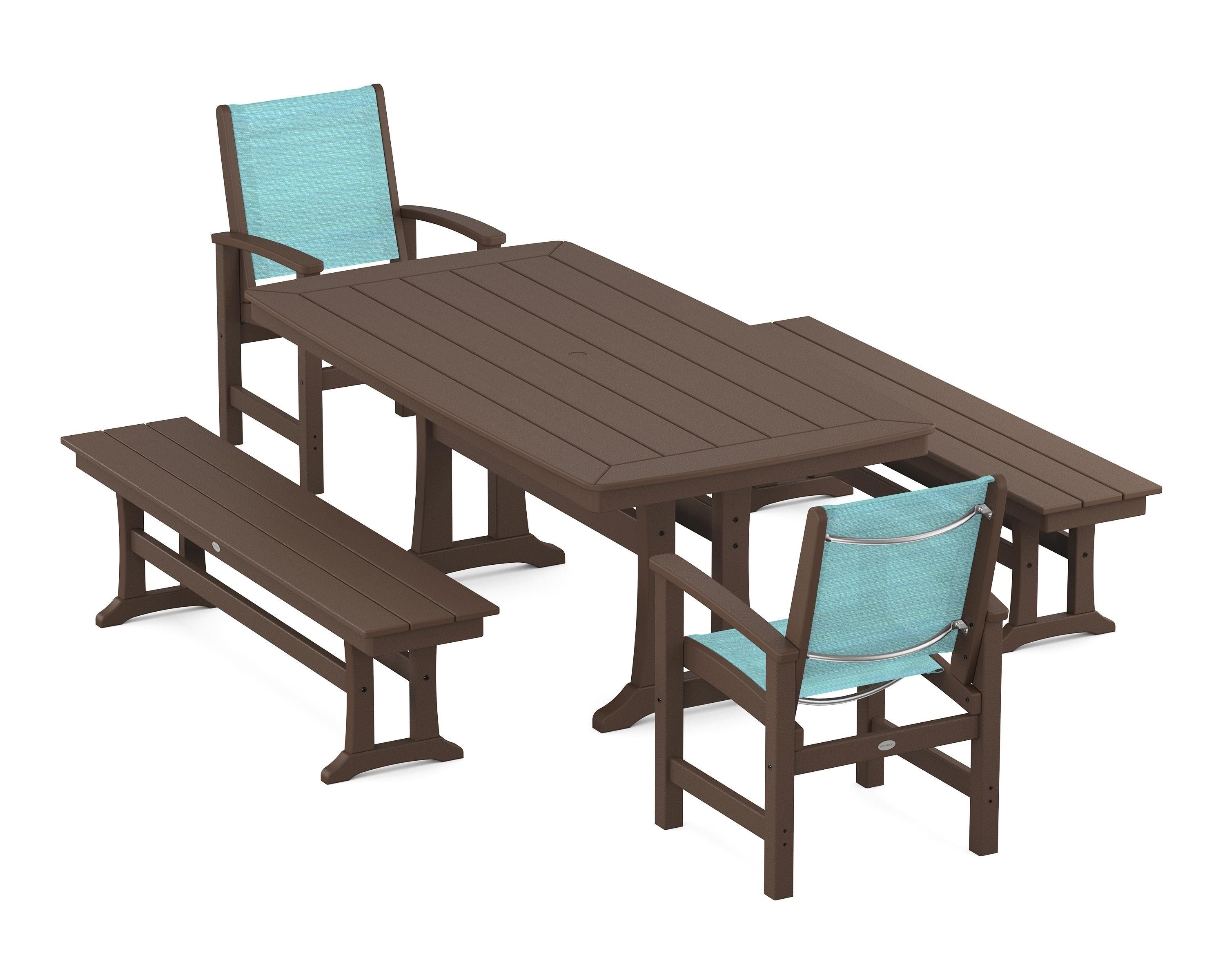 POLYWOOD® Coastal 5-Piece Dining Set with Trestle Legs and Benches in Mahogany / Dupioni Aquamarine Sling