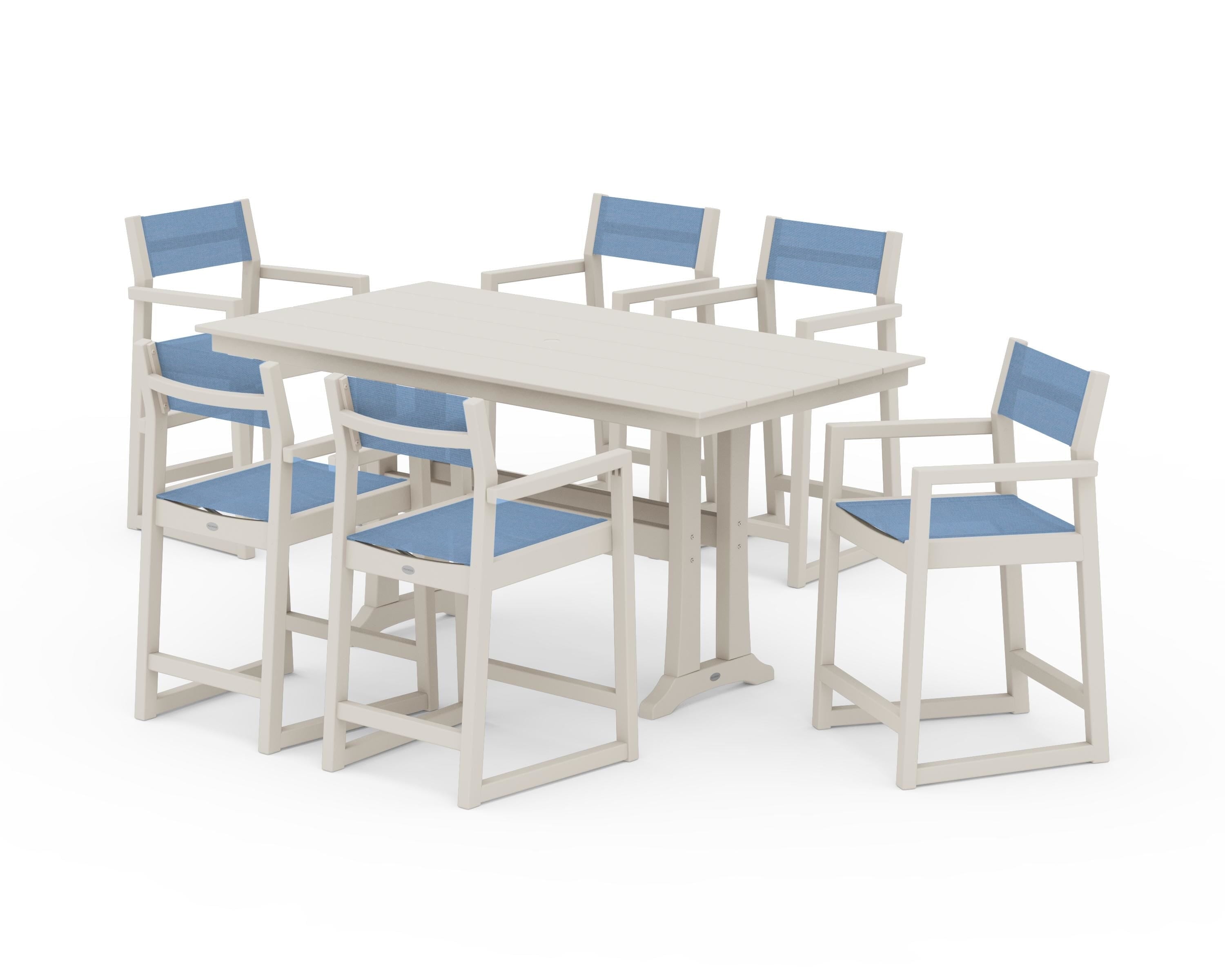 POLYWOOD® EDGE Sling Arm Chair 7-Piece Farmhouse Counter Set with Trestle Legs in Sand / Poolside Sling