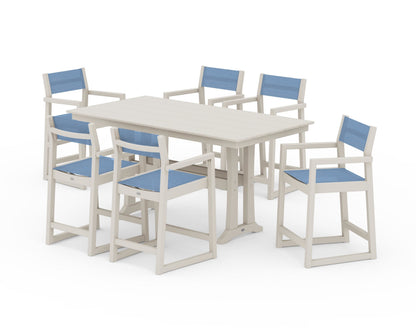 POLYWOOD® EDGE Sling Arm Chair 7-Piece Farmhouse Counter Set with Trestle Legs in Sand / Poolside Sling