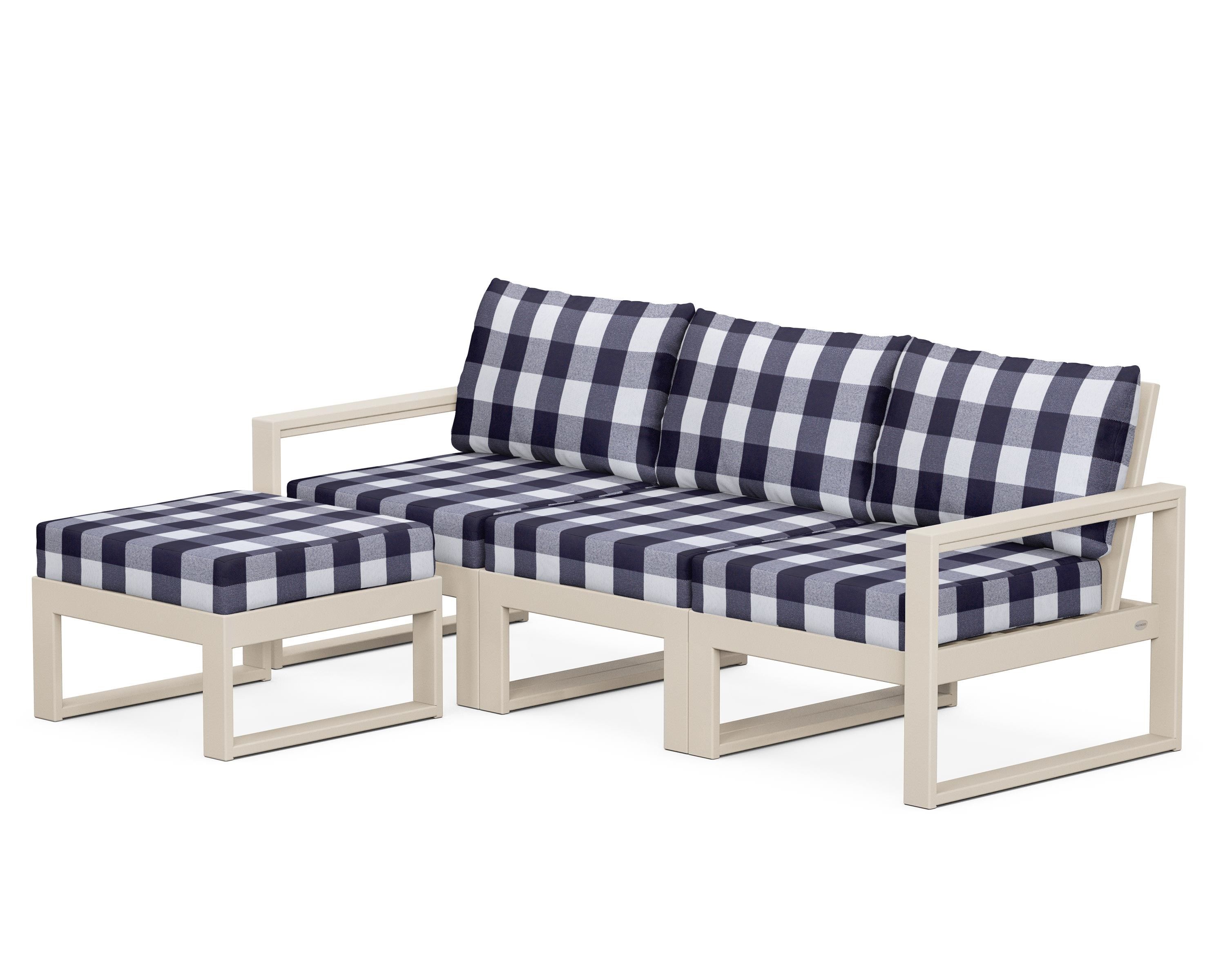 POLYWOOD® EDGE 4-Piece Modular Deep Seating Set with Ottoman in Sand / Buffalo Plaid Navy