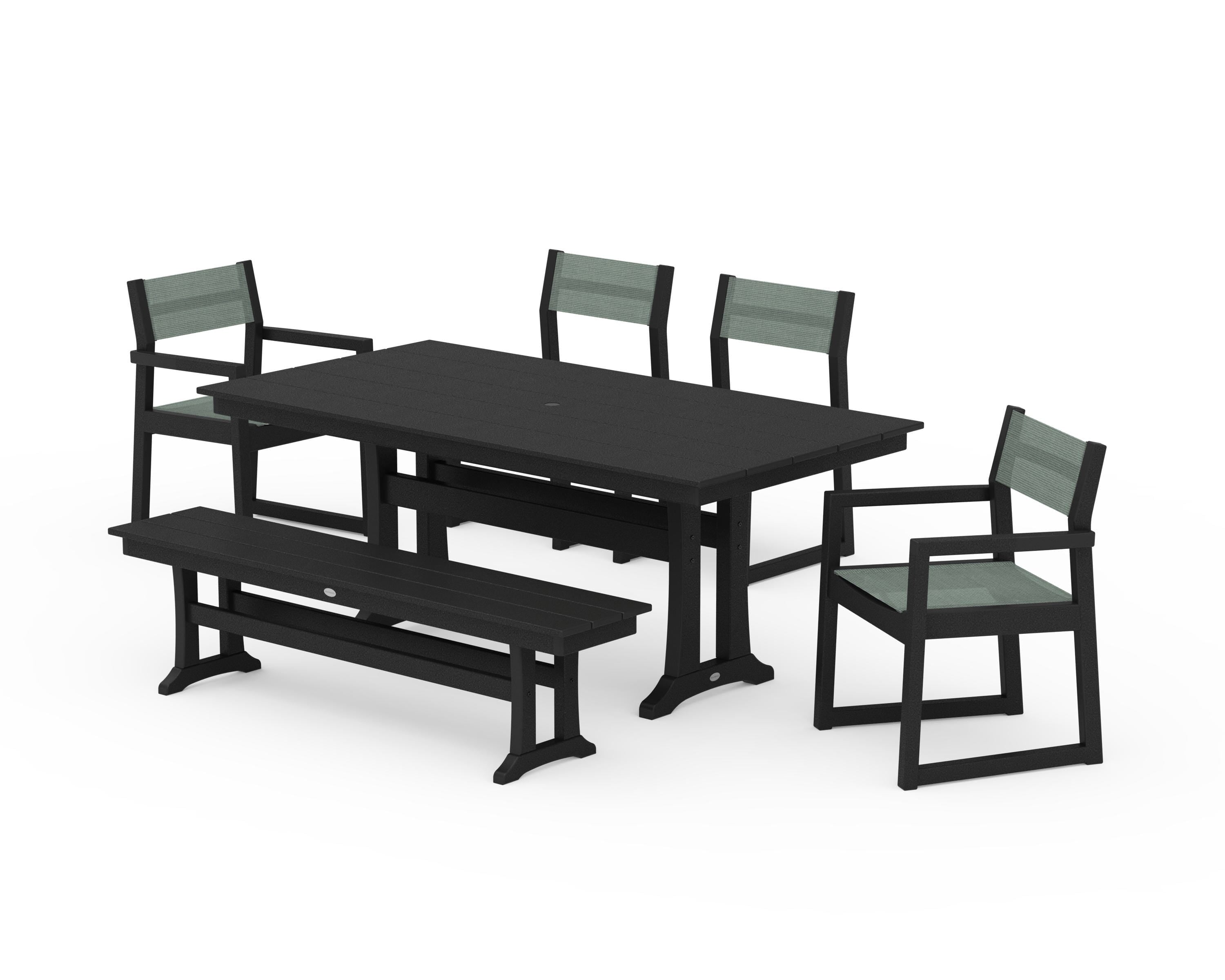 POLYWOOD® EDGE Sling 6-Piece Farmhouse Dining Set With Trestle Legs in Black / Dupioni Sea Mist Sling