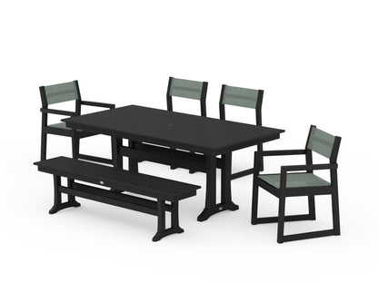 POLYWOOD® EDGE Sling 6-Piece Farmhouse Dining Set With Trestle Legs in Black / Dupioni Sea Mist Sling