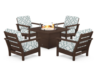 POLYWOOD® Harbour 5-Piece Conversation Set with Fire Pit Table in Mahogany / Trellis Glacier Spa