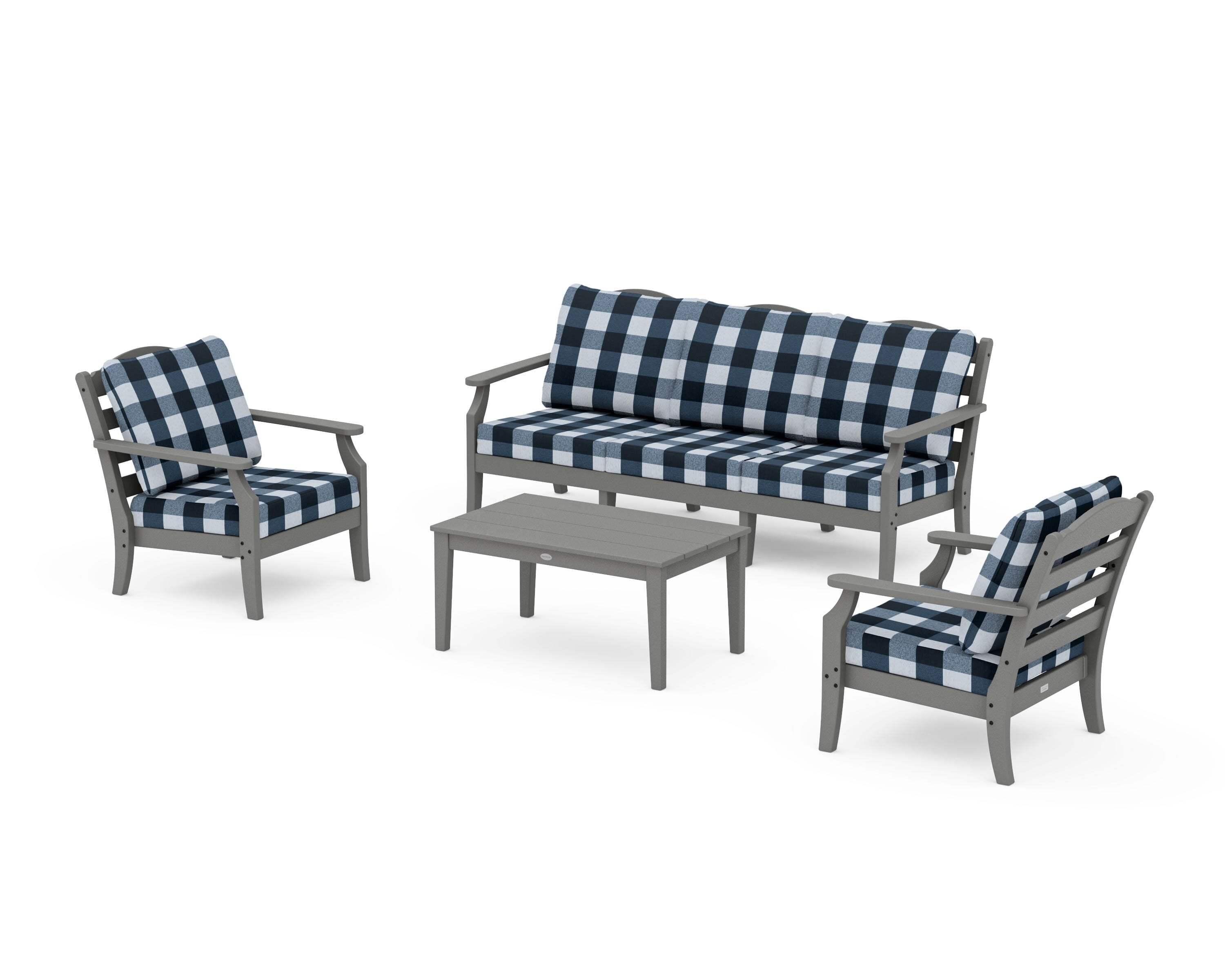 Draper James™ by  POLYWOOD® Savannah 4-Piece Deep Seating Set with Sofa in Slate Grey / Buffalo Plaid Marine Indigo