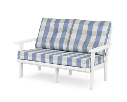 POLYWOOD® Oxford Deep Seating Loveseat in White / Buffalo Plaid Sky Blue