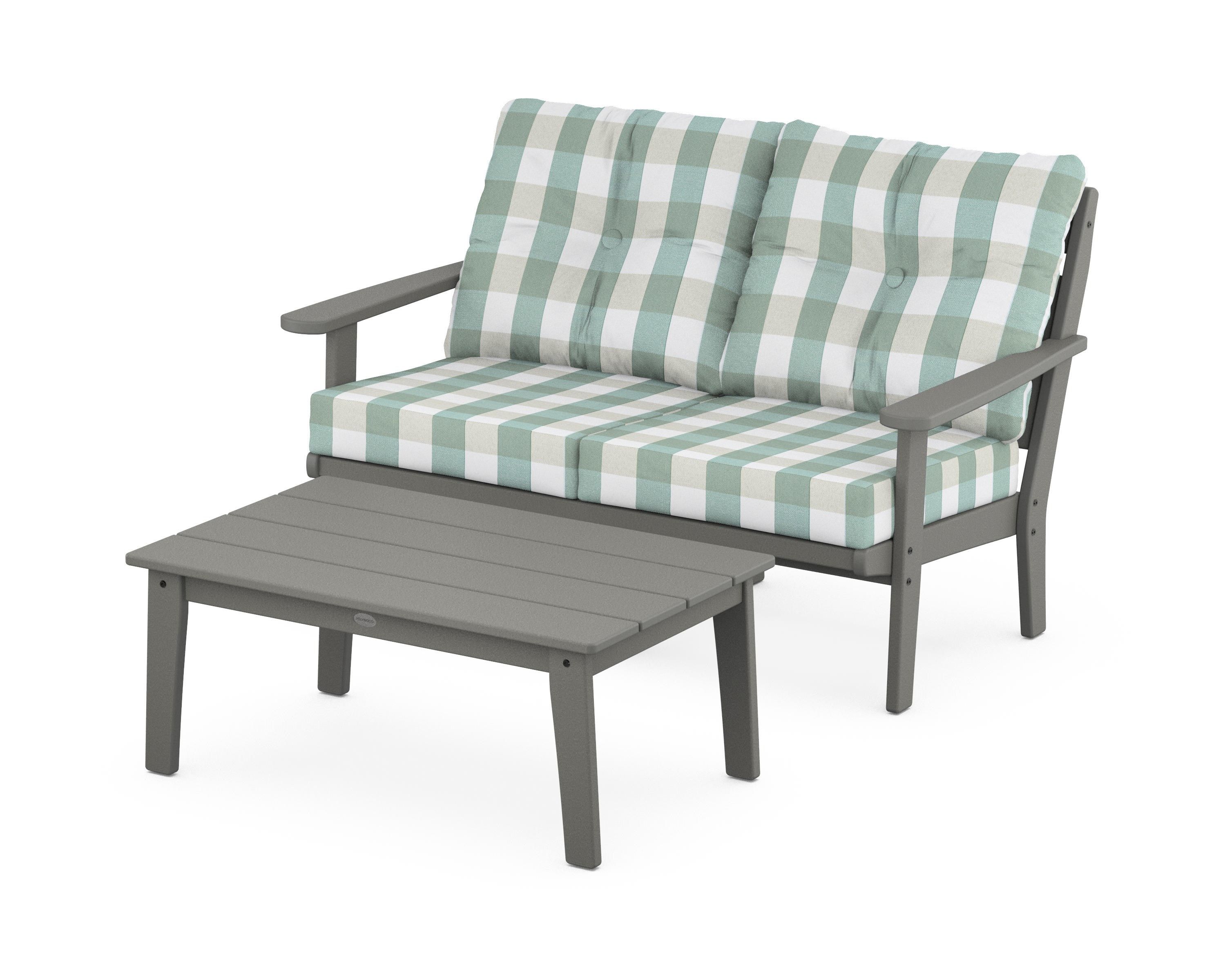 POLYWOOD® Lakeside 2-Piece Lounge Loveseat Set in Slate Grey / Buffalo Plaid Glacier Spa