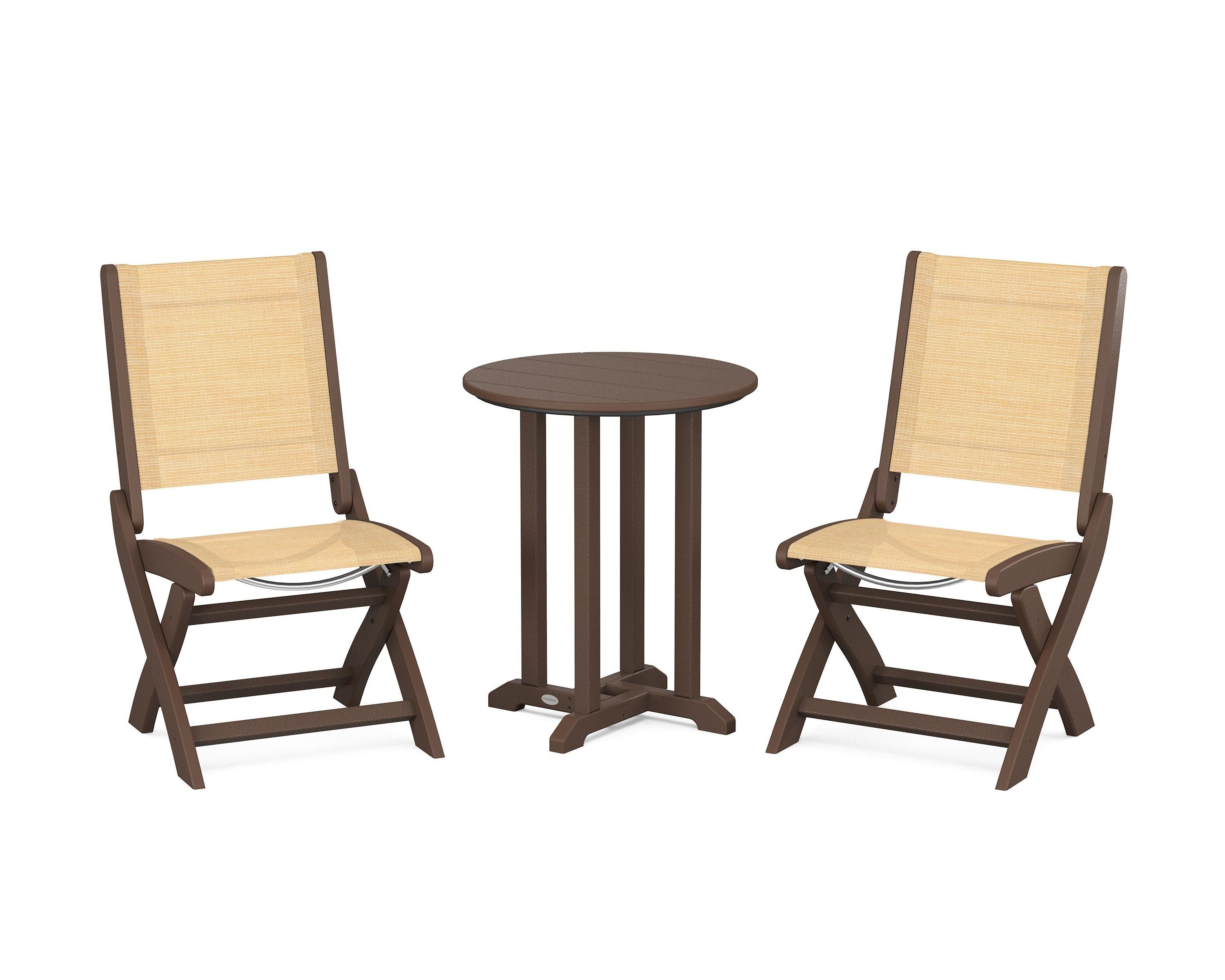 POLYWOOD® Coastal Folding Side Chair 3-Piece Round Bistro Dining Set in Mahogany / Dupioni Apricot Sling