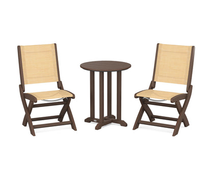 POLYWOOD® Coastal Folding Side Chair 3-Piece Round Bistro Dining Set in Mahogany / Dupioni Apricot Sling