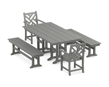 POLYWOOD® Chippendale 5-Piece Farmhouse Dining Set with Benches in Slate Grey