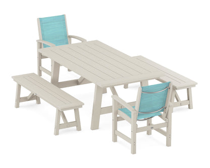POLYWOOD® Coastal 5-Piece Rustic Farmhouse Dining Set With Benches in Sand / Dupioni Aquamarine Sling