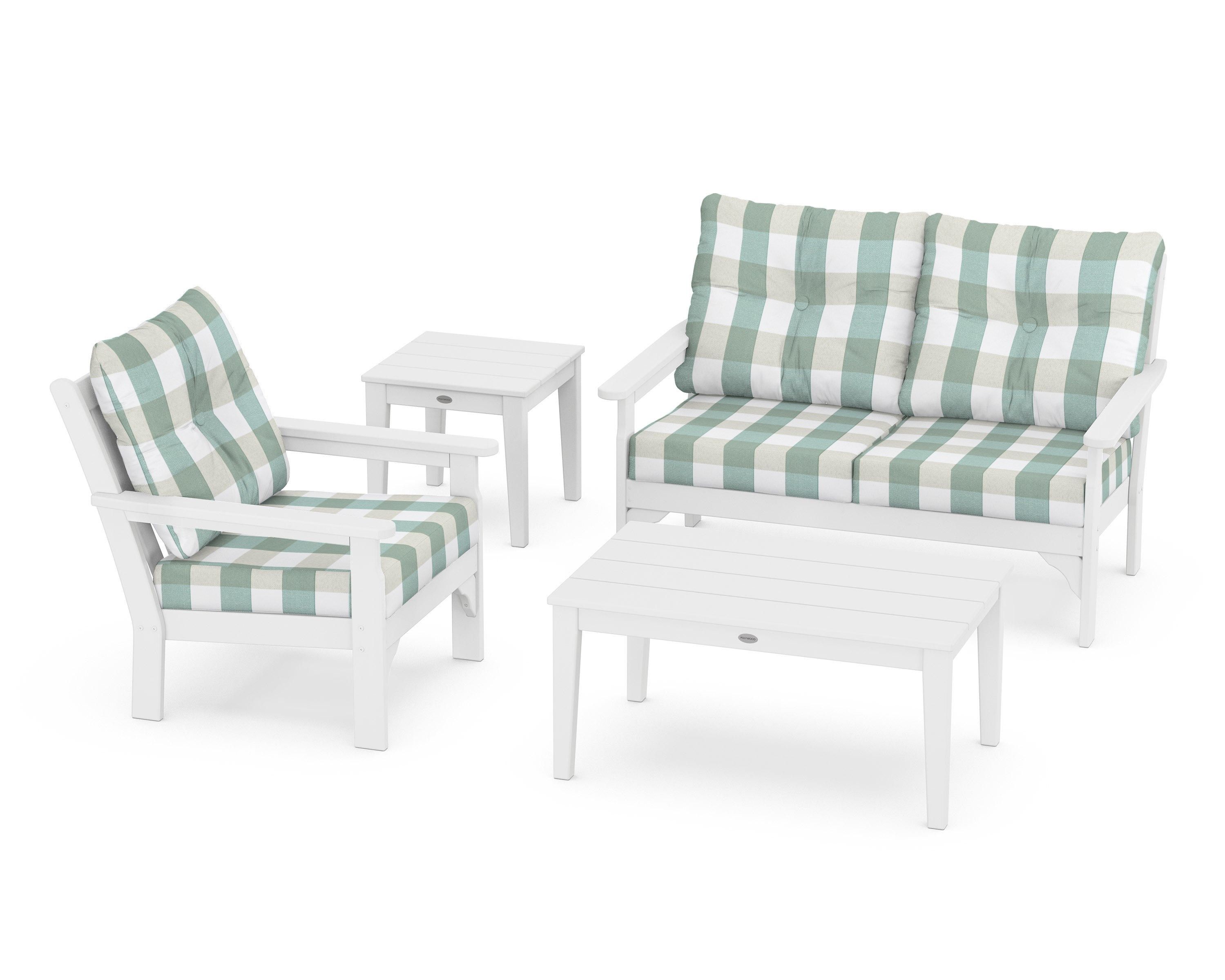 POLYWOOD® Vineyard 4-Piece Deep Seating Set in White / Buffalo Plaid Glacier Spa