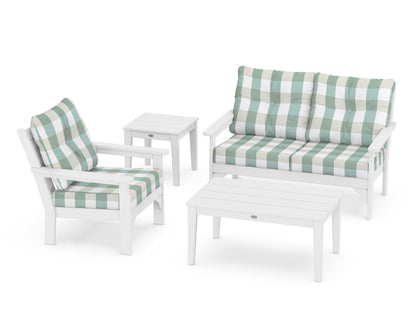 POLYWOOD® Vineyard 4-Piece Deep Seating Set in White / Buffalo Plaid Glacier Spa
