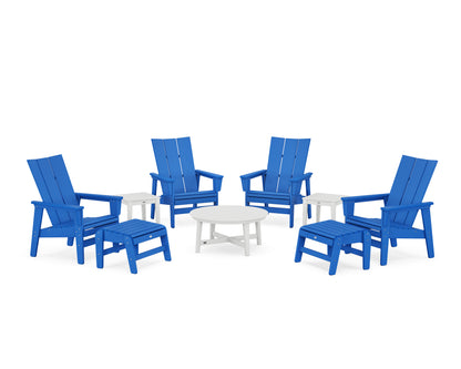 POLYWOOD® Modern Grand Upright Adirondack 9-Piece Conversation Set in Pacific Blue / White