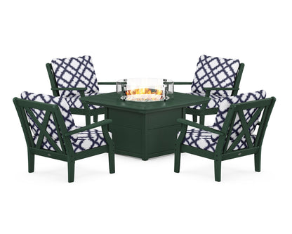 POLYWOOD® Braxton 5-Piece Deep Seating Conversation Set with Fire Pit Table in Green / Trellis Navy