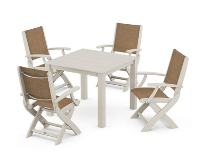 POLYWOOD® Coastal Folding Chair 5-Piece Parsons Dining Set in Sand / Burlap Sling