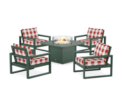 POLYWOOD® EDGE Sectional 5-Piece Deep Seating Set with Fire Pit Table in Green / Buffalo Plaid Crimson