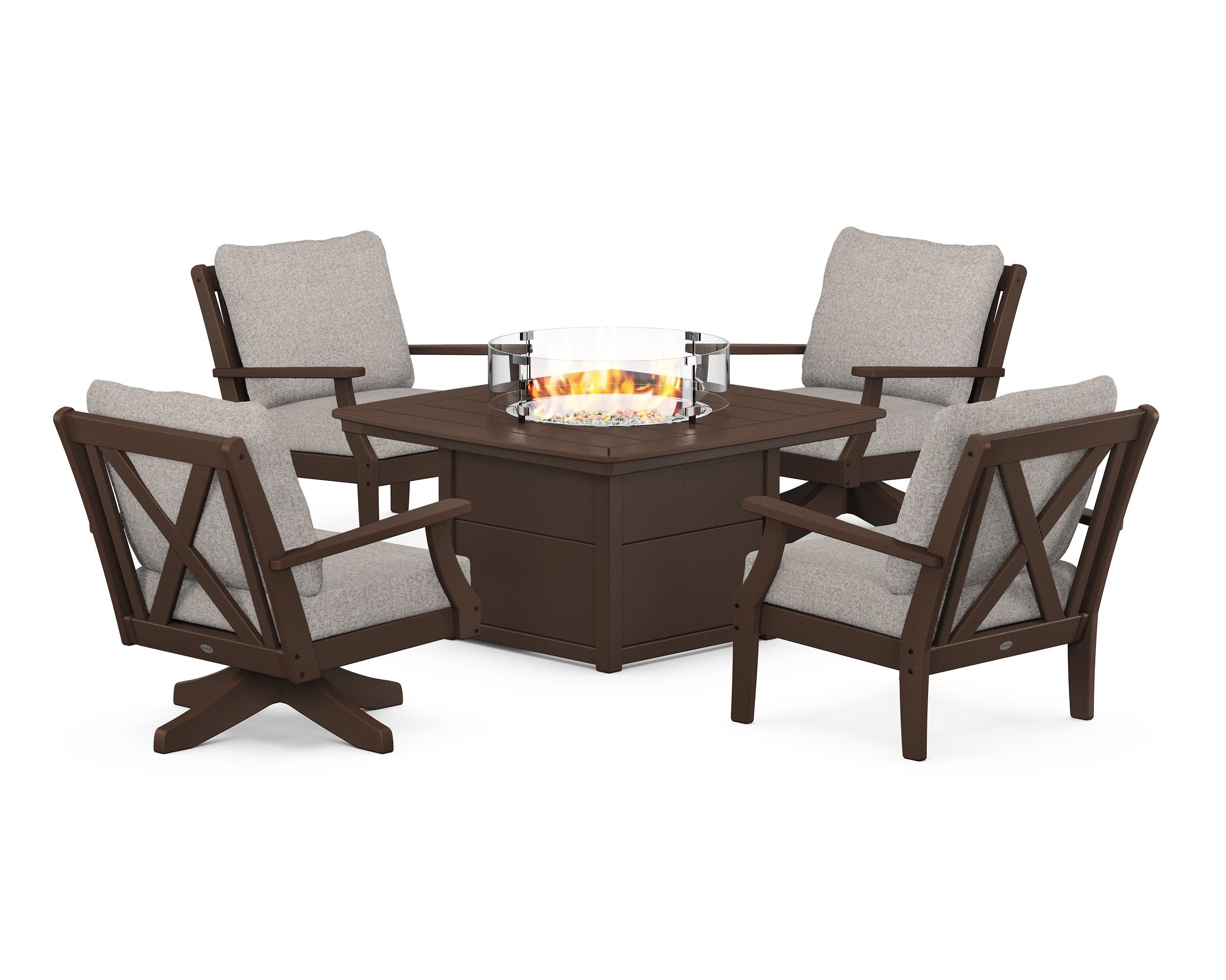 POLYWOOD® Braxton 5-Piece Deep Seating Set with Fire Table in Mahogany / Weathered Tweed