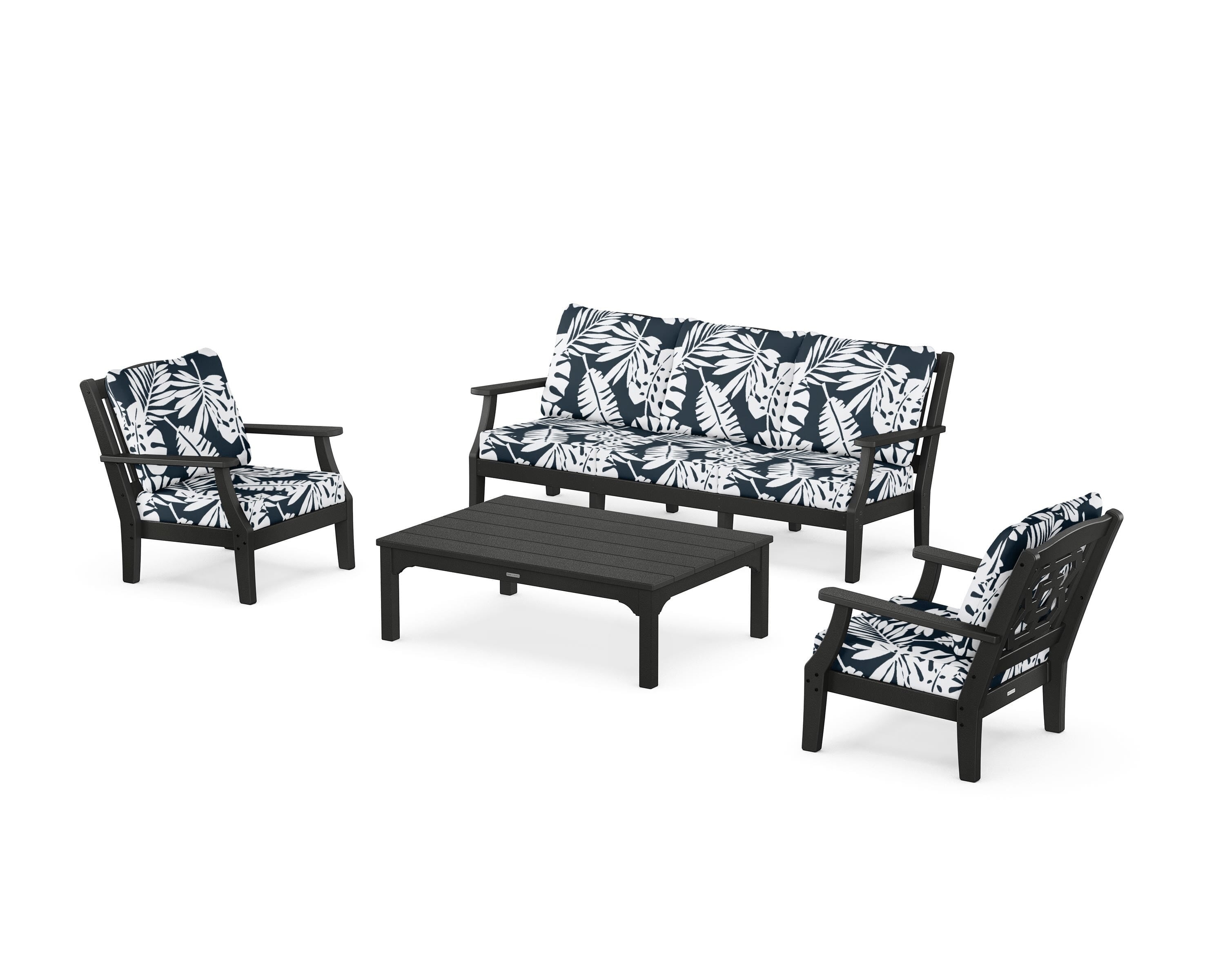 Martha Stewart by POLYWOOD® Chinoiserie 4-Piece Deep Seating Set with Sofa in Black / Leaf Marine Indigo
