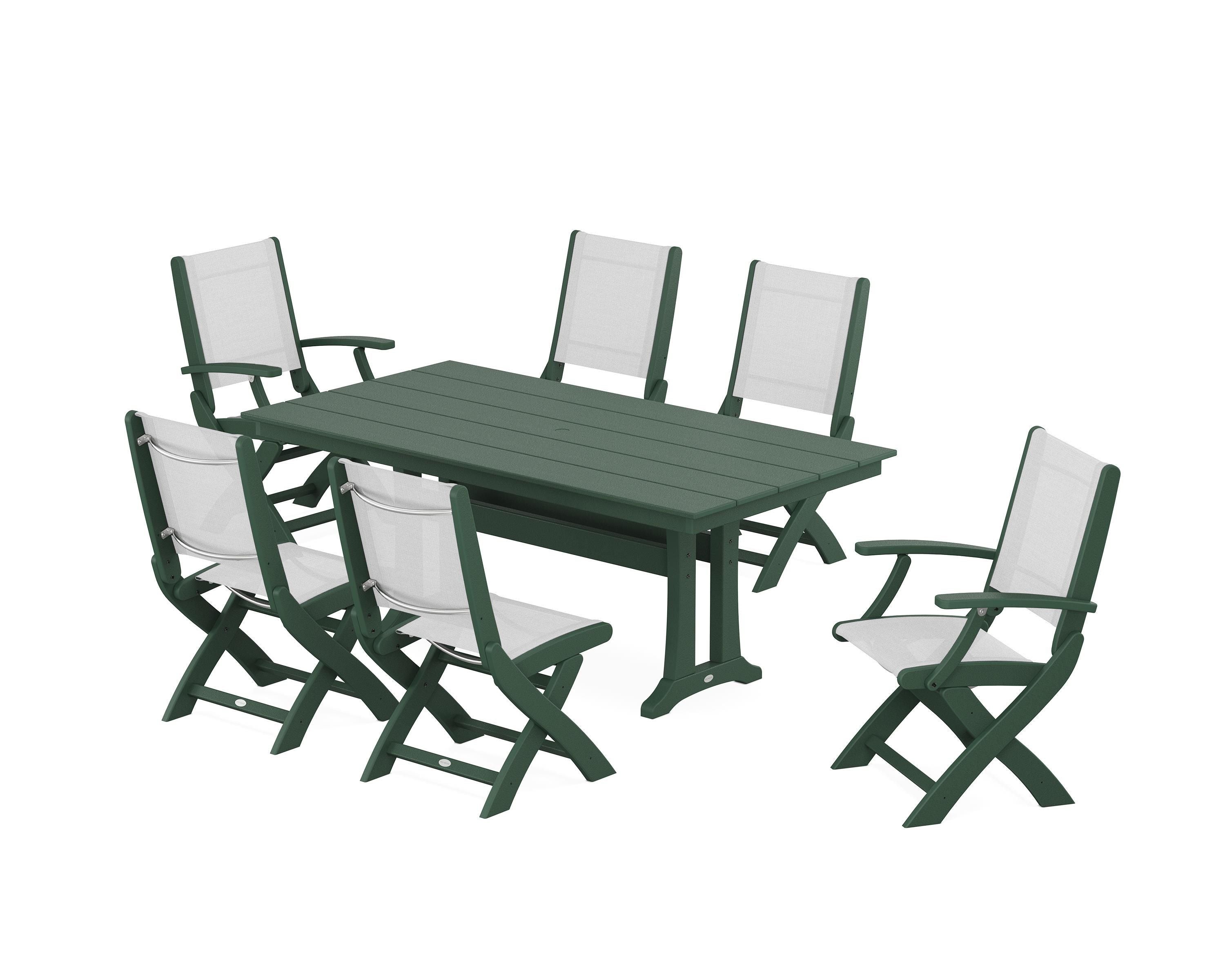 POLYWOOD® Coastal Folding Chair 7-Piece Farmhouse Dining Set with Trestle Legs in Green / White Sling