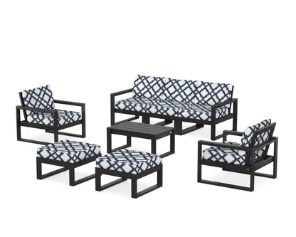 POLYWOOD® EDGE Sectional 8-Piece Lounge Sofa Set in Black / Trellis Marine Indigo
