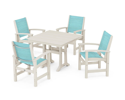 POLYWOOD® Coastal 5-Piece Farmhouse Dining Set With Trestle Legs in Sand / Dupioni Aquamarine Sling