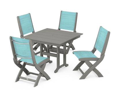 POLYWOOD® Coastal Folding Side Chair 5-Piece Farmhouse Dining Set in Slate Grey / Dupioni Aquamarine Sling