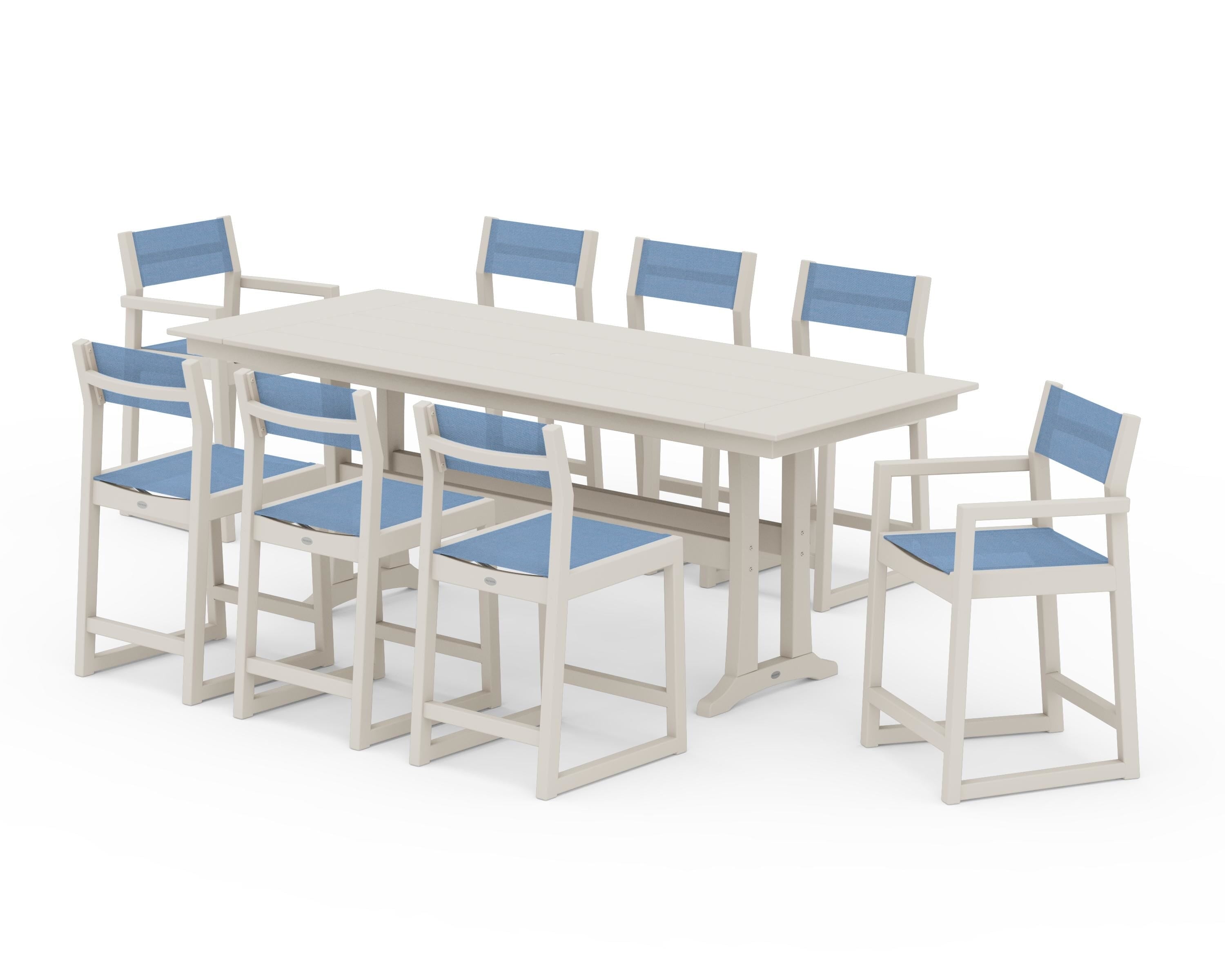 POLYWOOD® EDGE Sling 9-Piece Farmhouse Counter Set with Trestle Legs in Sand / Poolside Sling