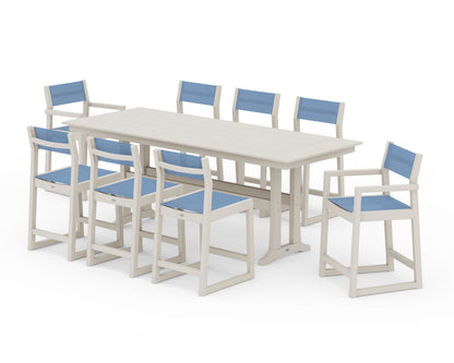POLYWOOD® EDGE Sling 9-Piece Farmhouse Counter Set with Trestle Legs in Sand / Poolside Sling