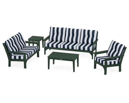 POLYWOOD® Vineyard 5 Piece Deep Seating Set in Green / Cabana Stripe Marine Indigo