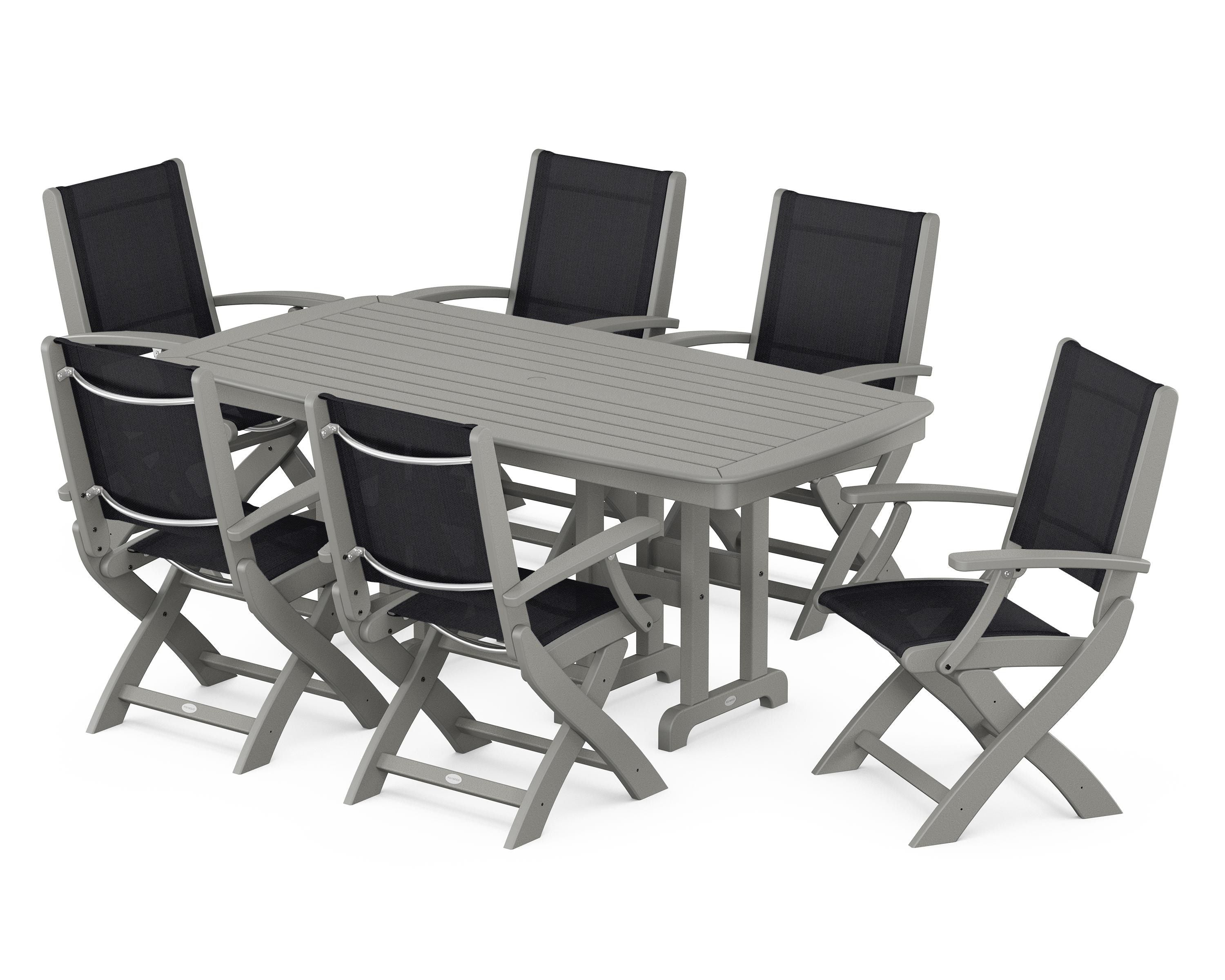 POLYWOOD® Coastal Folding Arm Chair 7-Piece Dining Set in Slate Grey / Black Sling