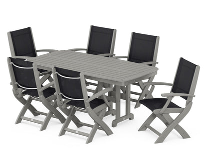 POLYWOOD® Coastal Folding Arm Chair 7-Piece Dining Set in Slate Grey / Black Sling