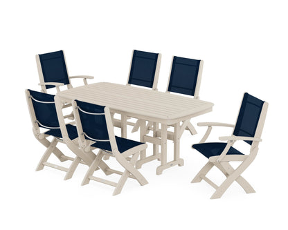POLYWOOD® Coastal Folding Chair 7-Piece Dining Set in Sand / Navy Blue Sling