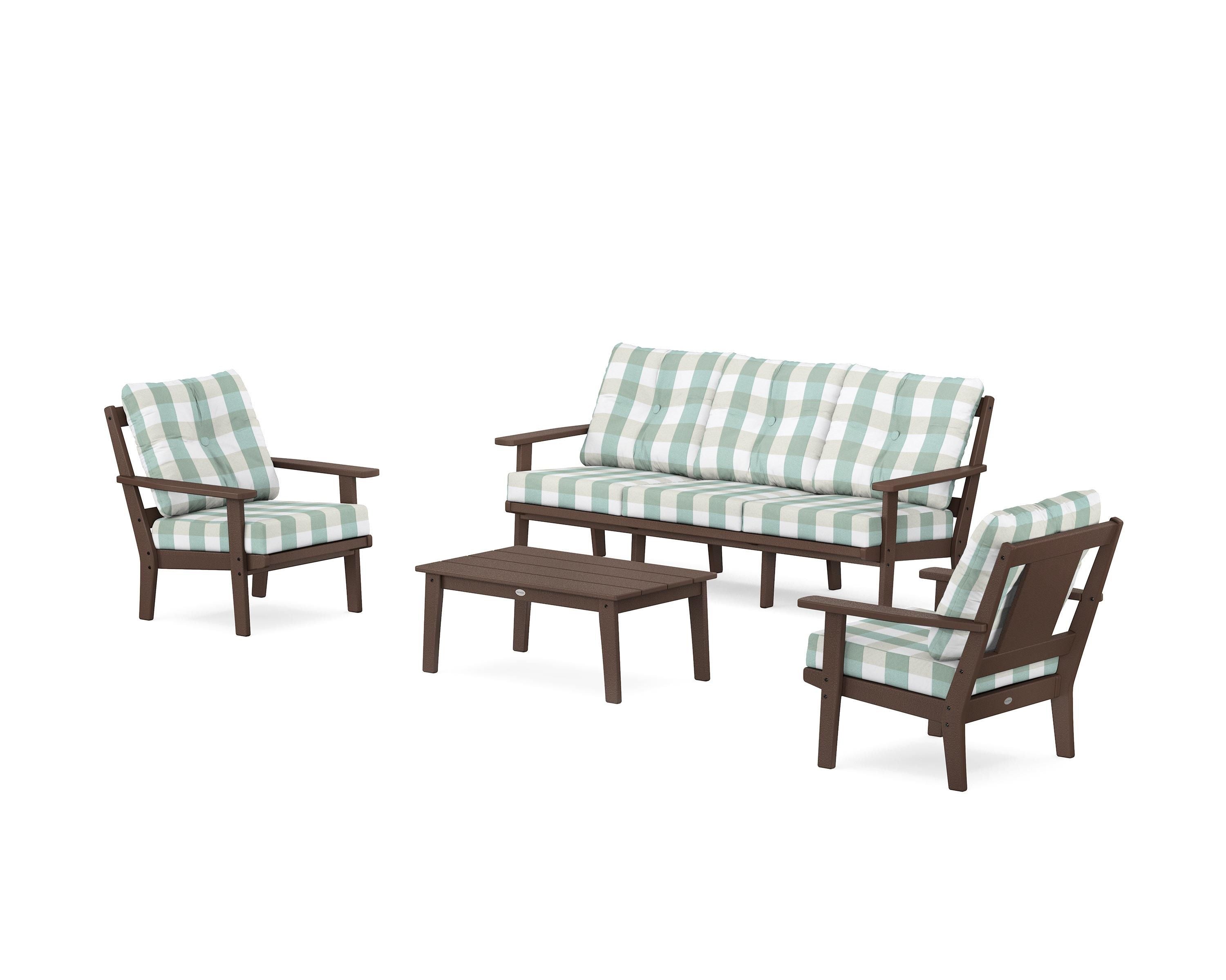 POLYWOOD® Prairie 4-Piece Deep Seating Set with Sofa in Mahogany / Buffalo Plaid Glacier Spa