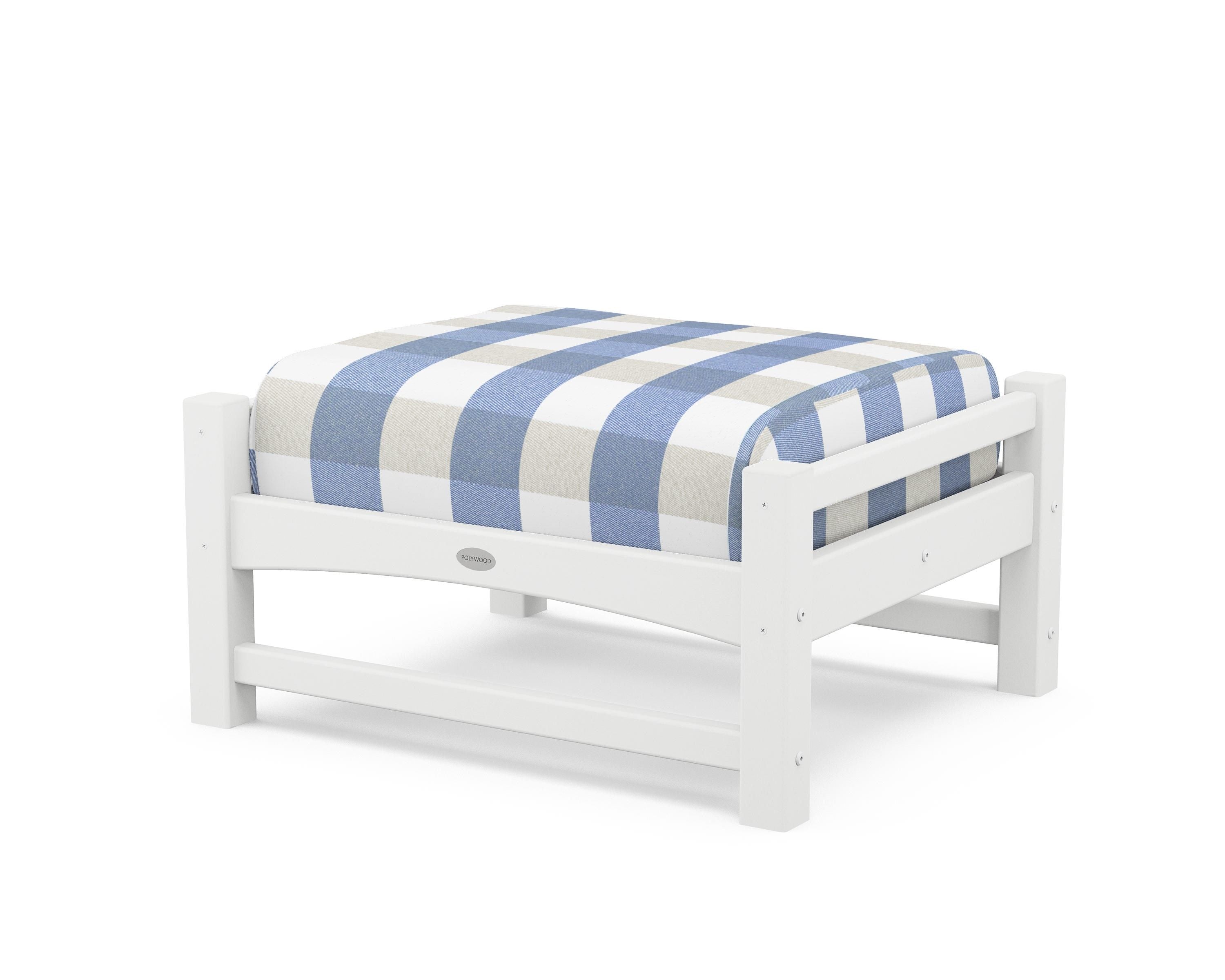 POLYWOOD® Club Ottoman in White / Buffalo Plaid Sky Blue
