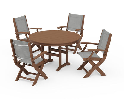 POLYWOOD® Coastal Folding Chair 5-Piece Round Dining Set in Teak / Metallic Sling