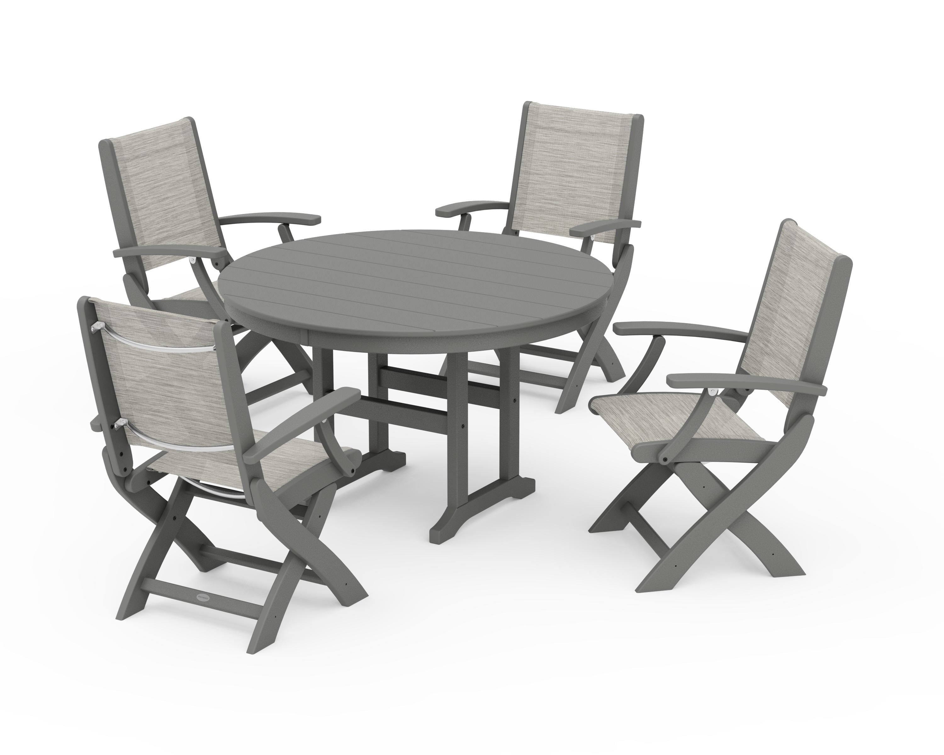 POLYWOOD® Coastal Folding Chair 5-Piece Round Dining Set in Slate Grey / Birch Sling
